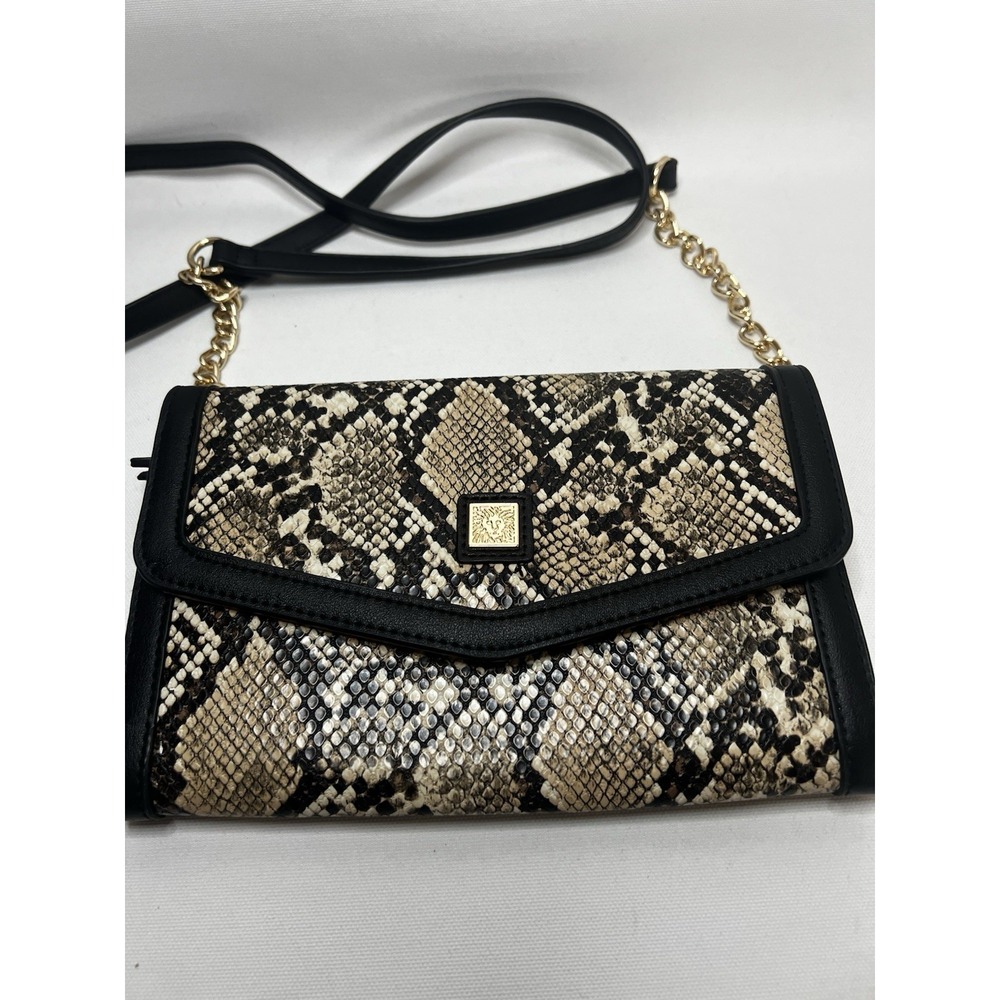Anne Klein Snake Print Crossbody Small Bag Gold & Black Chain Strap Wallet Purse